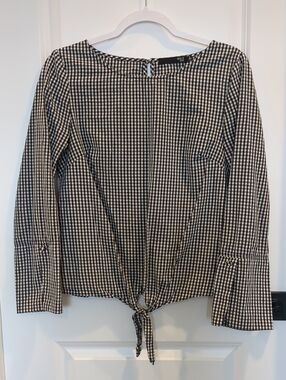 Max Jeans Black White Gingham Tie Front Long Sleeve Blouse Size S
